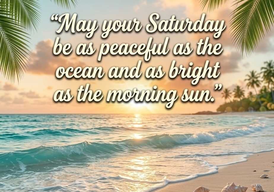 Tranquil tropical beach scene at sunrise with turquoise waves, palm leaves framing the view, seashells in the sand, and text reading: “May your Saturday be as peaceful as the ocean and as bright as the morning sun.”