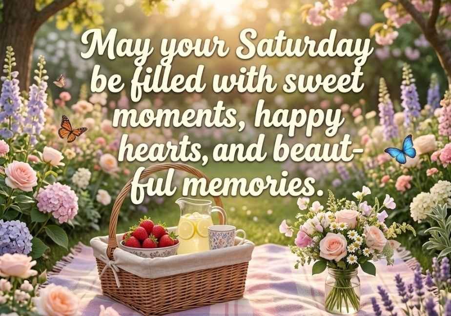 Charming outdoor picnic setup with a woven basket, fresh strawberries, lemonade, flowers, and a plaid blanket surrounded by a blooming garden, with text reading: “May your Saturday be filled with sweet moments, happy hearts, and beautiful memories.”