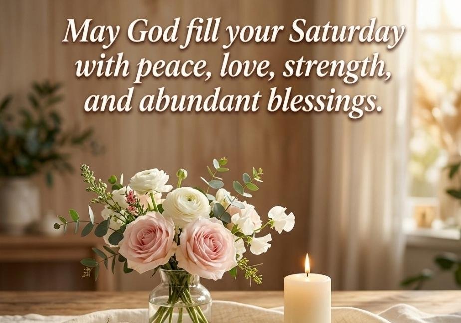 Elegant indoor arrangement of blush pink roses in a glass vase, a burning white candle, and soft linen on a wooden table, featuring text: “May God fill your Saturday with peace, love, strength, and abundant blessings.”