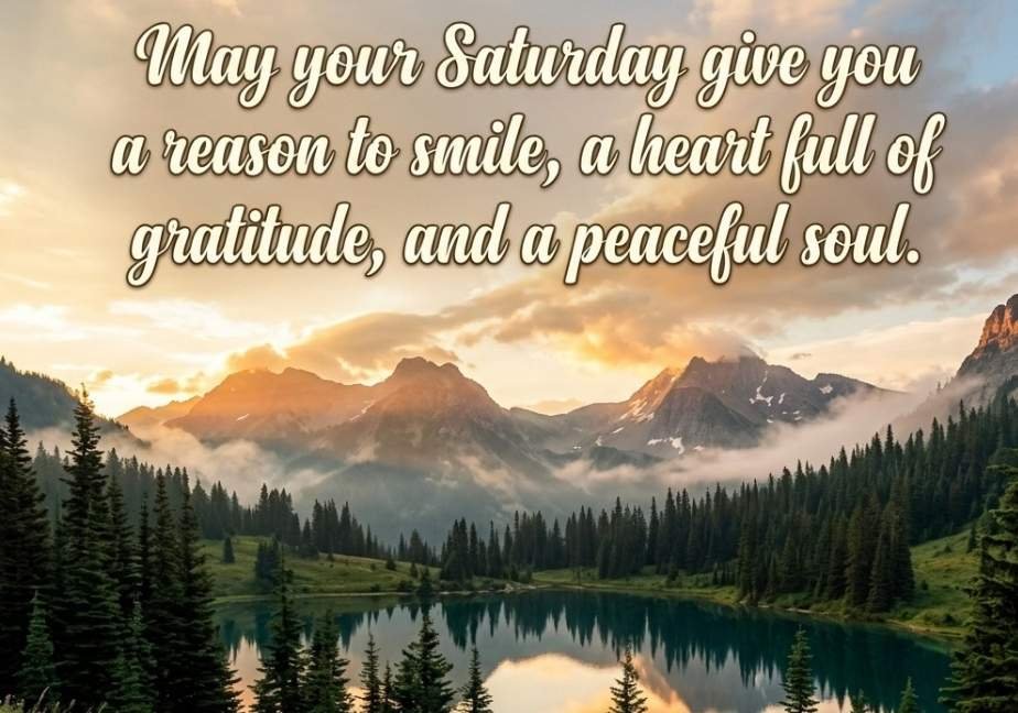 Serene mountain valley at sunrise with mist-covered peaks, an alpine lake reflecting the golden sky, evergreen trees, and wildflowers, with text: “May your Saturday give you a reason to smile, a heart full of gratitude, and a peaceful soul.”