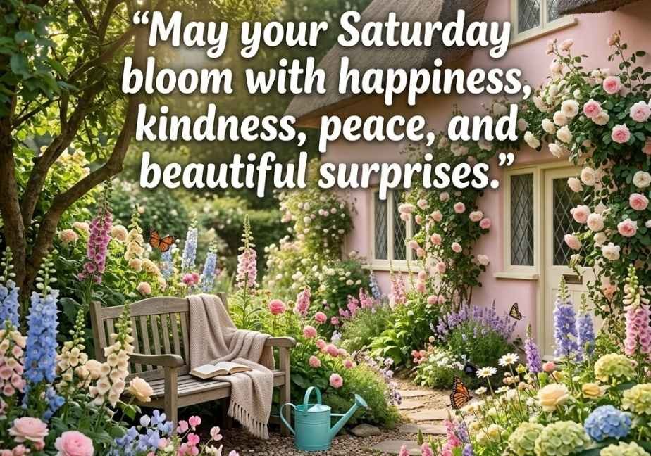 Picturesque cottage garden overflowing with colorful flowers, a wooden bench, and a light blue watering can in morning sunlight, with the text: “May your Saturday bloom with happiness, kindness, peace, and beautiful surprises.”