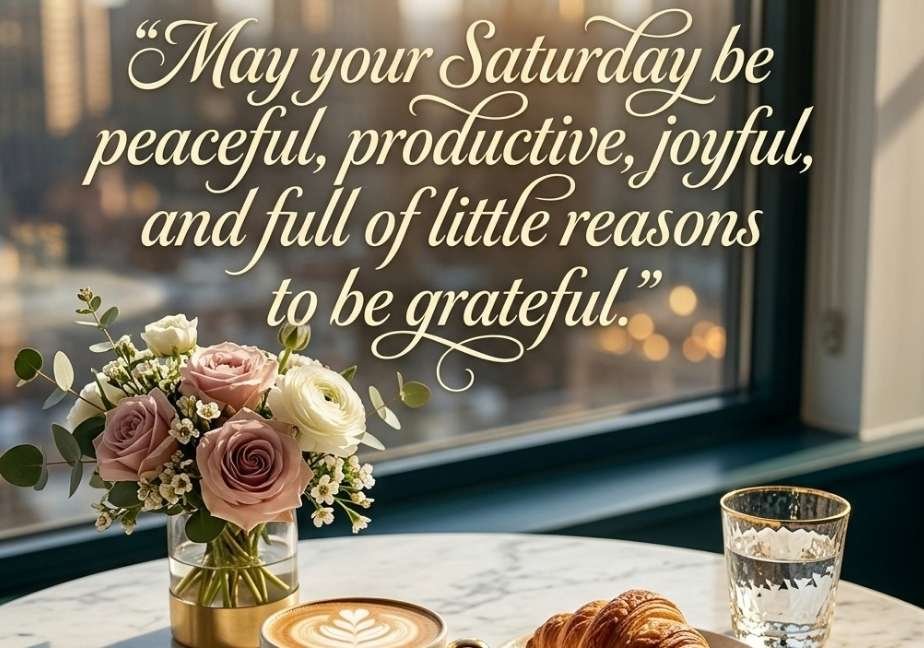 Morning coffee set on a marble table by a window with a city backdrop, featuring a creamy latte, fresh croissant, and pink roses, overlaid with text: “May your Saturday be peaceful, productive, joyful, and full of little reasons to be grateful.”