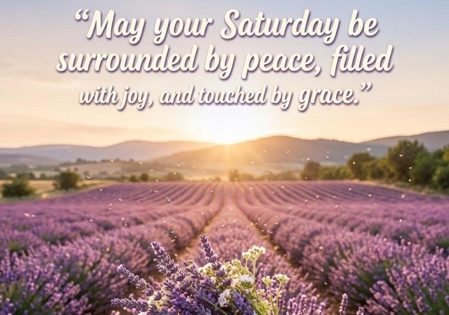 Golden hour view across endless rows of purple lavender in a field with floating pollen dust, featuring a hand-tied lavender bouquet and text reading: “May your Saturday be surrounded by peace, filled with joy, and touched by grace.”