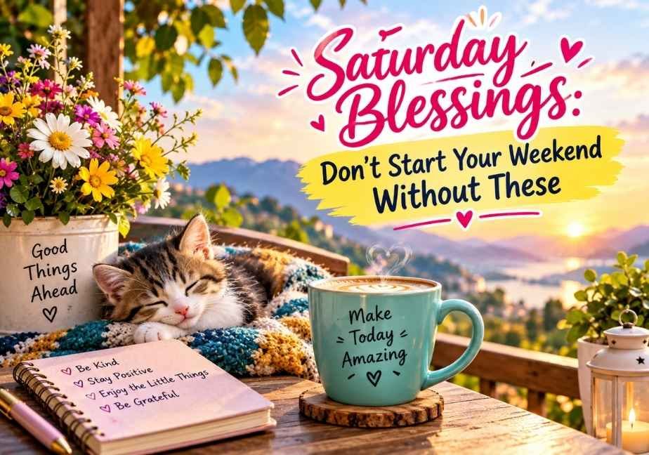 A sunlit balcony table featuring a sleeping kitten, a flower pot reading "Good Things Ahead", a teal coffee mug reading "Make Today Amazing", and a pink notebook listing positive reminders, with headline text reading "Saturday Blessings: Don’t Start Your Weekend Without These."