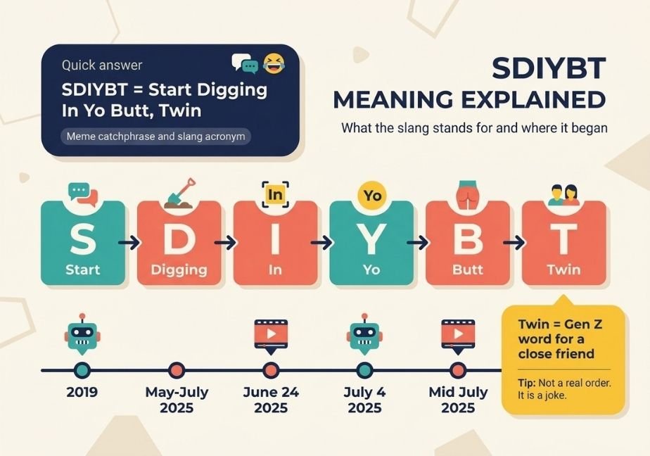 Infographic titled "SDIYBT Meaning Explained" breaking down the slang acronym into "Start Digging In Yo Butt, Twin" with a letter-by-letter tile breakdown and a meme timeline from 2019 to 2025.