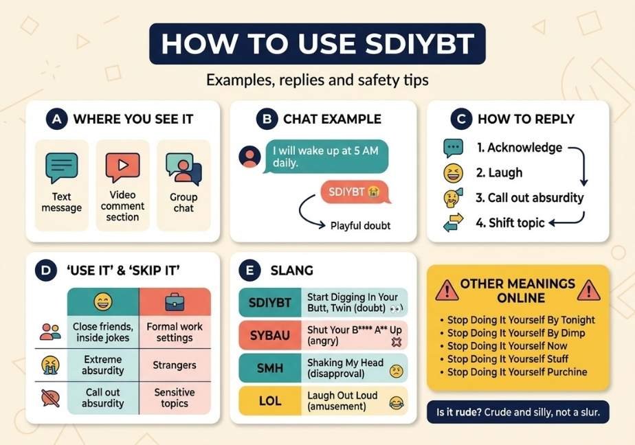 Infographic titled "How to Use SDIYBT" detailing usage contexts, a chat example, reply tips, a "Use It & Skip It" guide, and comparisons to other slang like SYBAU, SMH, and LOL.