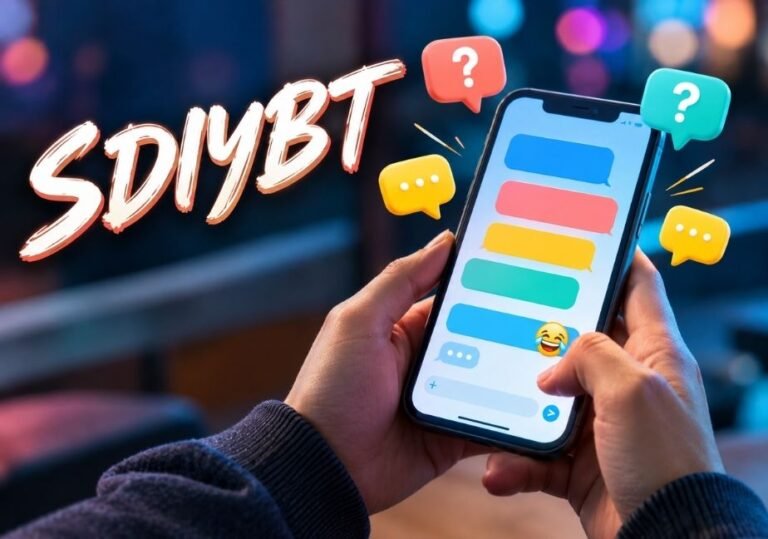 Graphic featuring stylized brush text reading "SDIYBT" alongside a person holding a smartphone showing colorful messaging bubbles, floating question marks, and a laughing emoji.