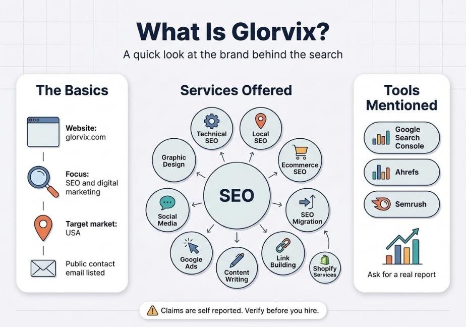 A flat design vector infographic titled "What Is Glorvix? A quick look at the brand behind the search".