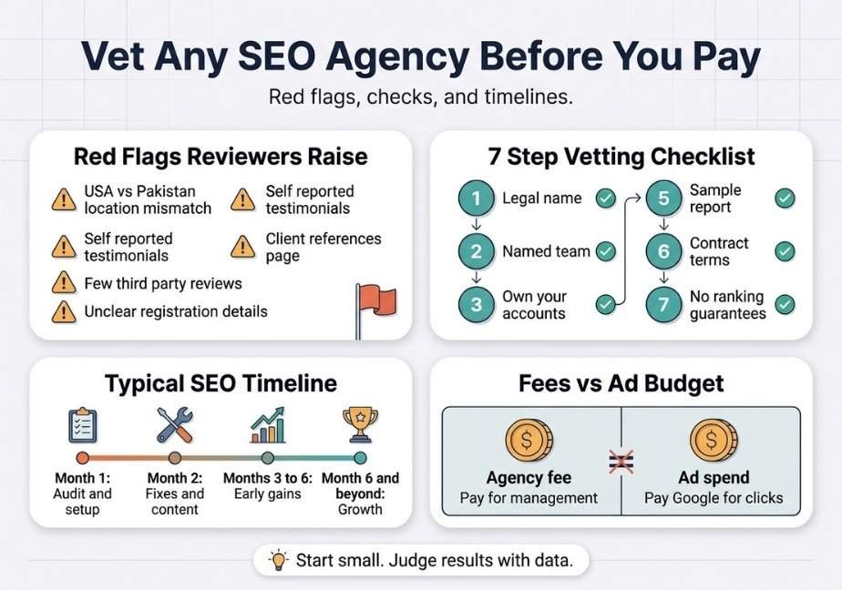 A two-by-two grid vector infographic titled "Vet Any SEO Agency Before You Pay: Red flags, checks, and timelines."