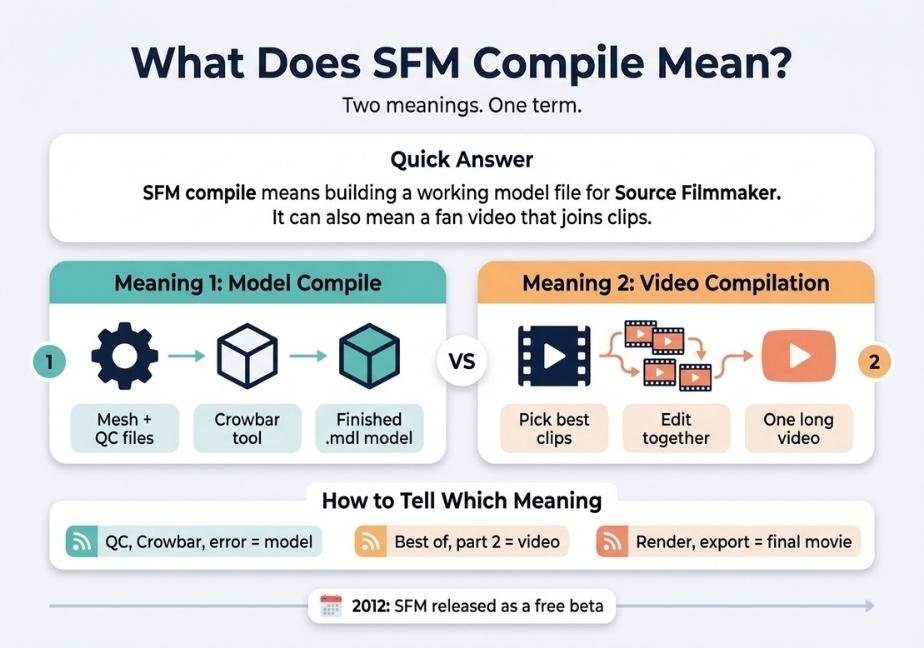 Flat design infographic explaining the two meanings of "SFM Compile": Model Compile (building a 3D asset using Crowbar into an .mdl file) versus Video Compilation (editing multiple clips into a single video).