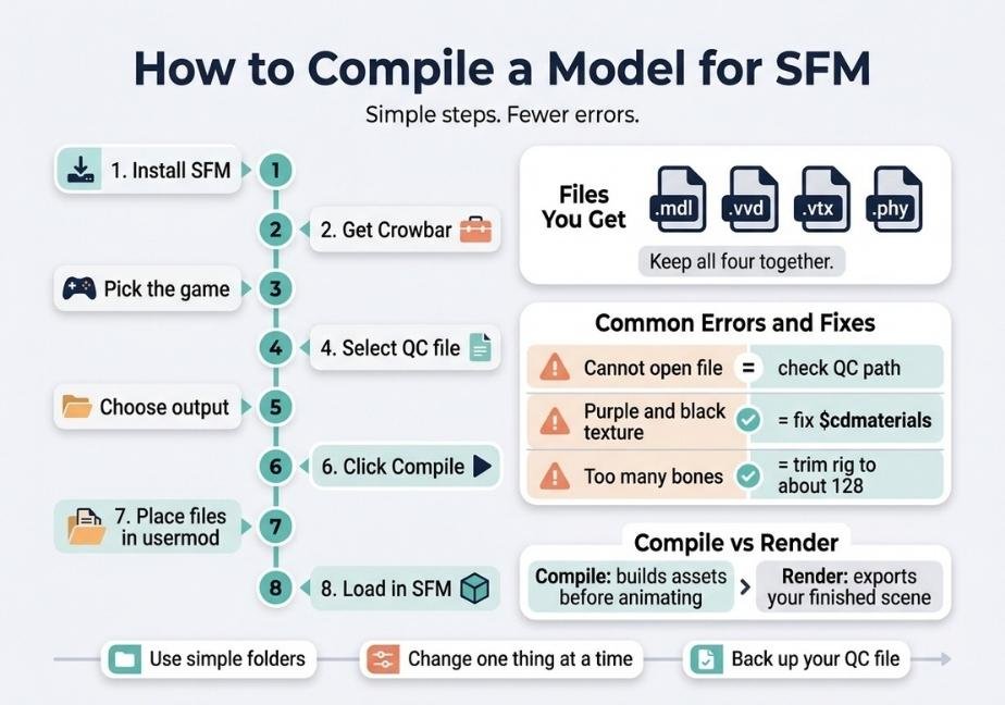 Step-by-step infographic titled "How to Compile a Model for SFM" illustrating an 8-step process using Crowbar, required file outputs (.mdl, .vvd, .vtx, .phy), common QC errors with solutions, and key tips.