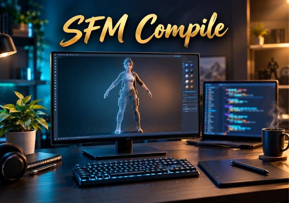 A dark-themed workspace setup featuring a desktop monitor displaying a 3D female character model in a split textured and wireframe view, with glowing gold brush-script text above reading "SFM Compile."