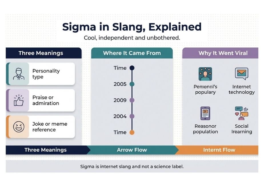 Infographic "Sigma in Slang, Explained" with three vertical sections explaining slang meanings, origins, and viral popularity.   