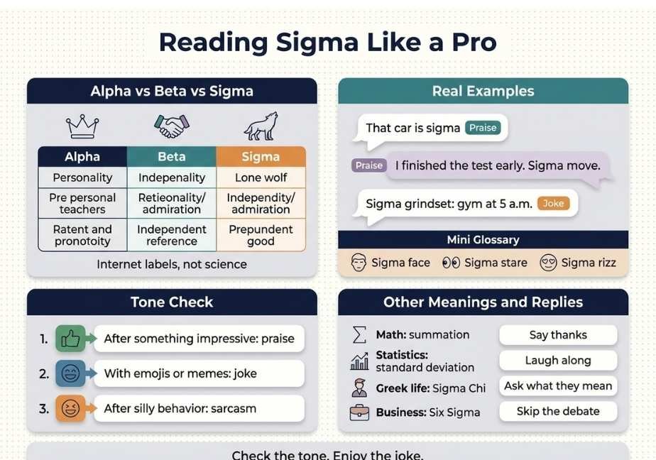 Infographic "Reading Sigma Like a Pro" with a 2x2 grid comparing Alpha/Beta/Sigma, showing chat examples, a tone decision guide, and alternate definitions.   