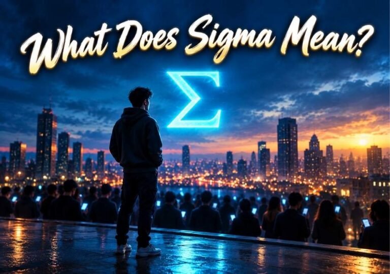 Graphic reading "What Does Sigma Mean?" featuring a lone figure looking over a glowing city skyline toward a cyan Greek Sigma ($\Sigma$) symbol.