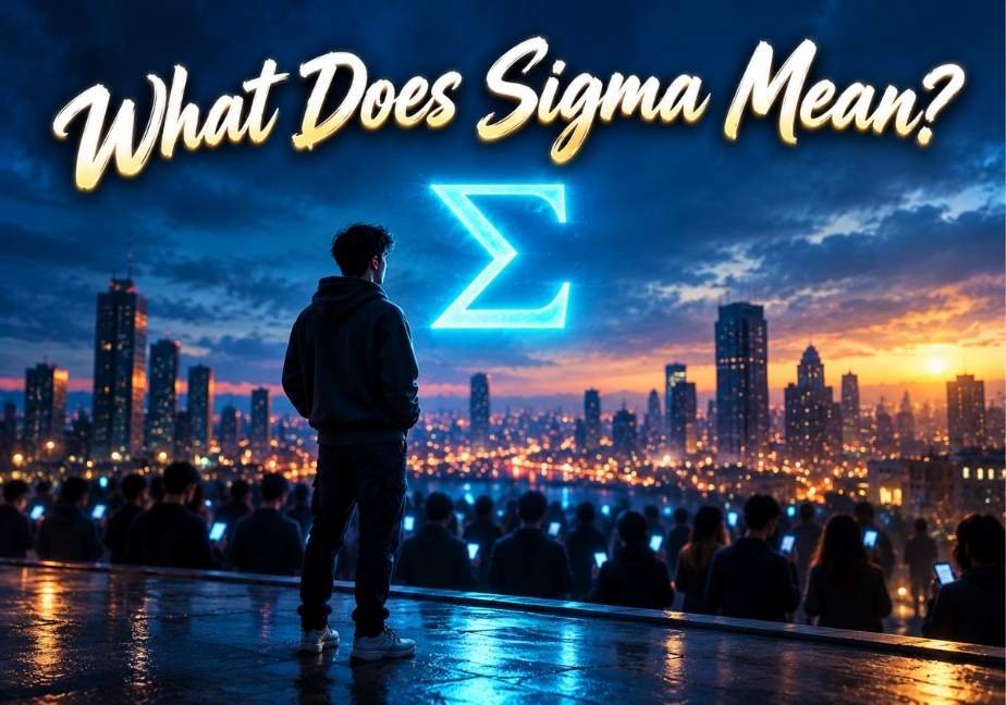 Graphic reading "What Does Sigma Mean?" featuring a lone figure looking over a glowing city skyline toward a cyan Greek Sigma ($\Sigma$) symbol.