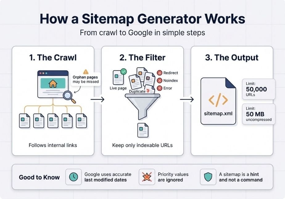 Flat design infographic explaining how a sitemap generator works in three steps: The Crawl (following internal links), The Filter (filtering out duplicate and error pages to keep indexable URLs), and The Output (generating a sitemap.xml file with URL and file size limits).