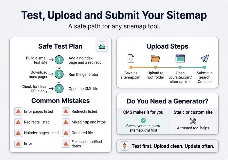 Modern flat design infographic showing a guide for testing, uploading, and submitting a sitemap, including a safe test plan process, four upload steps, common sitemap mistakes to avoid, and a decision matrix for CMS vs static sites.