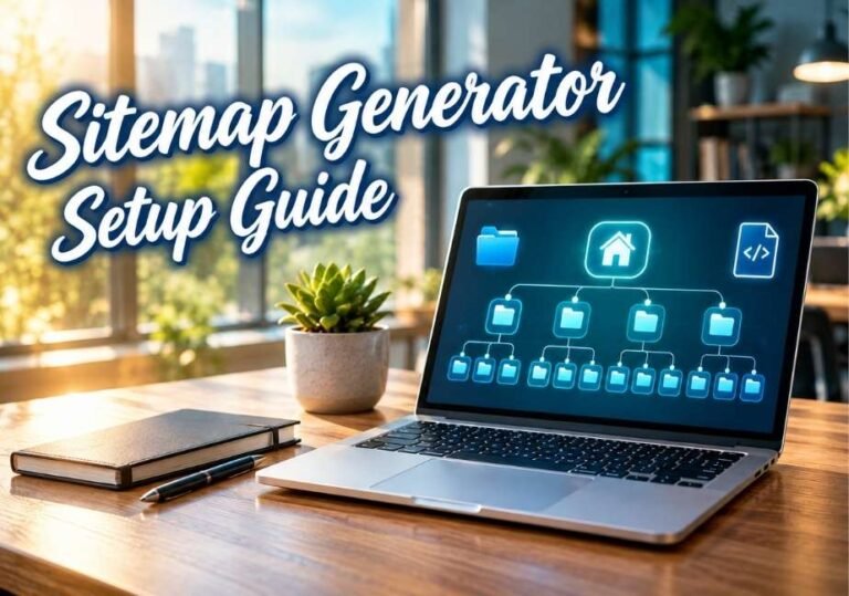 A laptop on a wooden desk displaying a glowing blue website structure hierarchy diagram on its screen, with a notebook, pen, and potted succulent nearby, featuring text overlay that reads "Sitemap Generator Setup Guide."