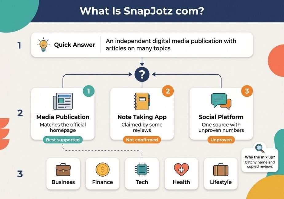 A modern flat-design infographic titled "What Is SnapJotz com?" in landscape format with a navy header and light background. At the top, a "Quick Answer" box states it is an independent digital media publication with articles on many topics. Below, three scenario cards connect to a central question mark: Card 1 highlights "Media Publication" with a "Best supported" badge; Card 2 shows "Note Taking App" labeled "Not confirmed"; Card 3 shows "Social Platform" labeled "Unproven." A dotted line links the Media Publication card to a bottom row of five topic categories: Business, Finance, Tech, Health, and Lifestyle. A callout bubble on the right notes "Why the mix up? Catchy name and copied reviews."