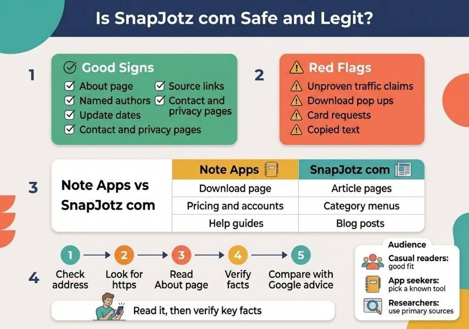 A modern flat-design infographic titled "Is SnapJotz com Safe and Legit?" matching the style of the first graphic. Section 1 lists "Good Signs" (About page, named authors, update dates, source links, privacy pages) alongside Section 2's "Red Flags" (unproven traffic claims, download pop-ups, card requests, copied text). Section 3 compares "Note Apps vs SnapJotz com" in a two-column table showing differences like download pages versus article pages and pricing versus category menus. Section 4 features a 5-step verification process (Check address, Look for https, Read About page, Verify facts, Compare with Google advice) above a banner reading "Read it, then verify key facts." An audience guidance panel on the right categorizes advice for casual readers, app seekers, and researchers.