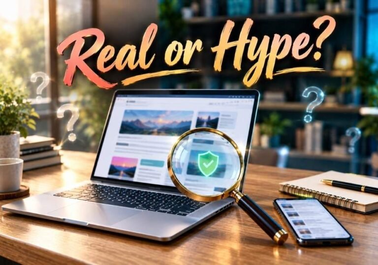 A wooden desk setup featuring an open laptop displaying a website. A brass magnifying glass rests in front of the laptop screen, focusing on a glowing green shield icon with a check mark. Prominently floating above the laptop is stylized, brush-script text in vibrant coral and gold asking "Real or Hype?". Glowing blue question mark graphics float around the scene, which also includes a smartphone, a spiral notebook with a pen, and a coffee mug.