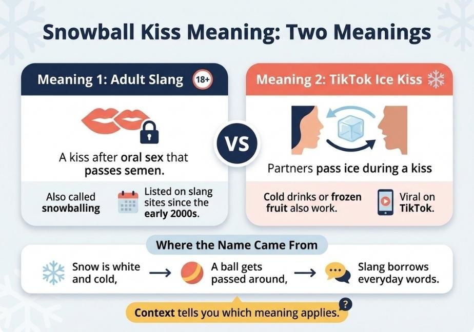A landscape vector infographic titled "Snowball Kiss Meaning: Two Meanings" comparing two definitions. The left card, under "Meaning 1: Adult Slang" with an 18+ badge, depicts lip and lock icons describing a kiss passing semen after oral sex. The right card, under "Meaning 2: TikTok Ice Kiss" with a snowflake icon, shows two profile silhouettes passing an ice cube between them. A section below titled "Where the Name Came From" uses three steps with icons (snowflake, ball, speech bubble) to trace the origin, ending with a yellow callout bar reading "Context tells you which meaning applies".
