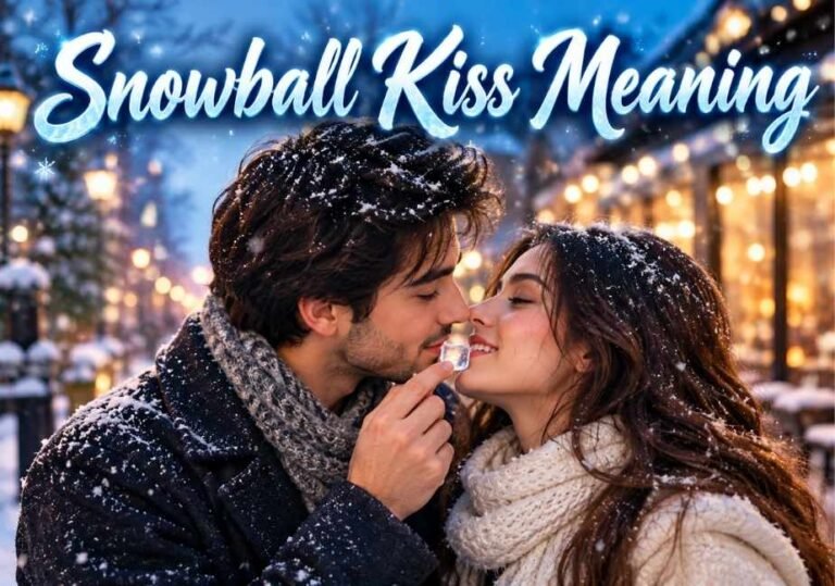 A romantic close-up photo of a young couple outdoors in a snowy street illuminated by warm, glowing city lights. Snowflakes lightly dusting their dark coats, hair, and scarves, the man holds a small translucent ice cube to the woman's lips as they share an intimate moment face-to-face. Glowing icy-blue cursive text across the top reads "Snowball Kiss Meaning".