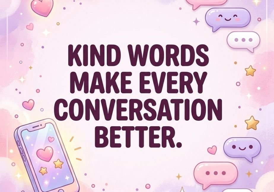 Pastel pink and lavender graphic featuring floating chat bubbles, a smartphone, and the quote "Kind Words Make Every Conversation Better."