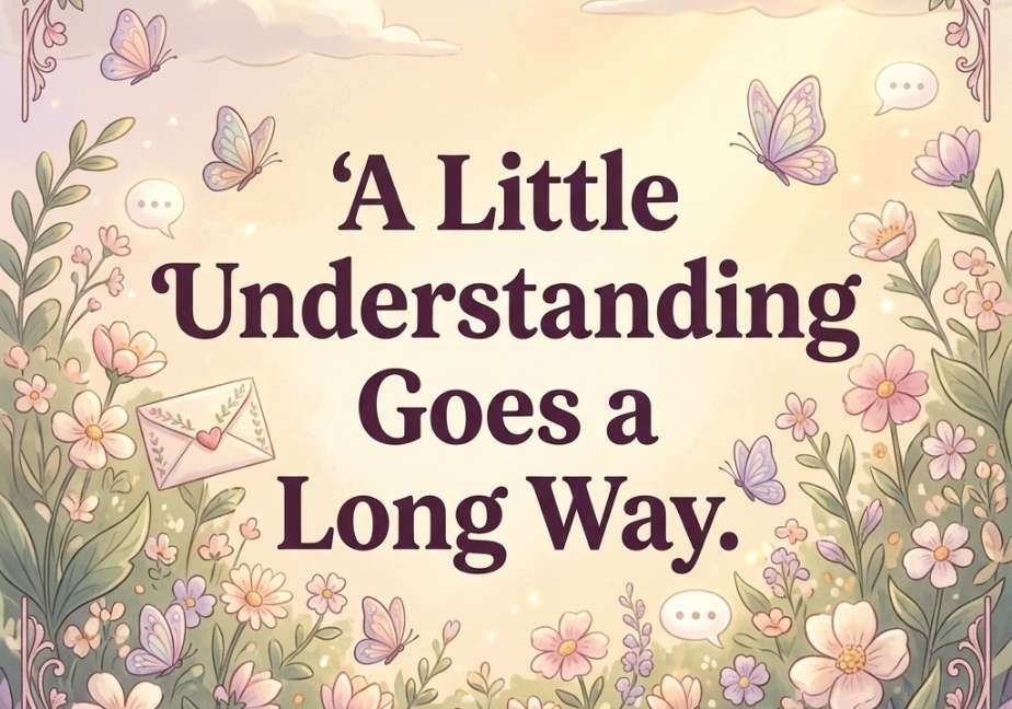 A soft pastel garden scene with tiny flowers, butterflies, and an envelope around the quote "A Little Understanding Goes a Long Way."