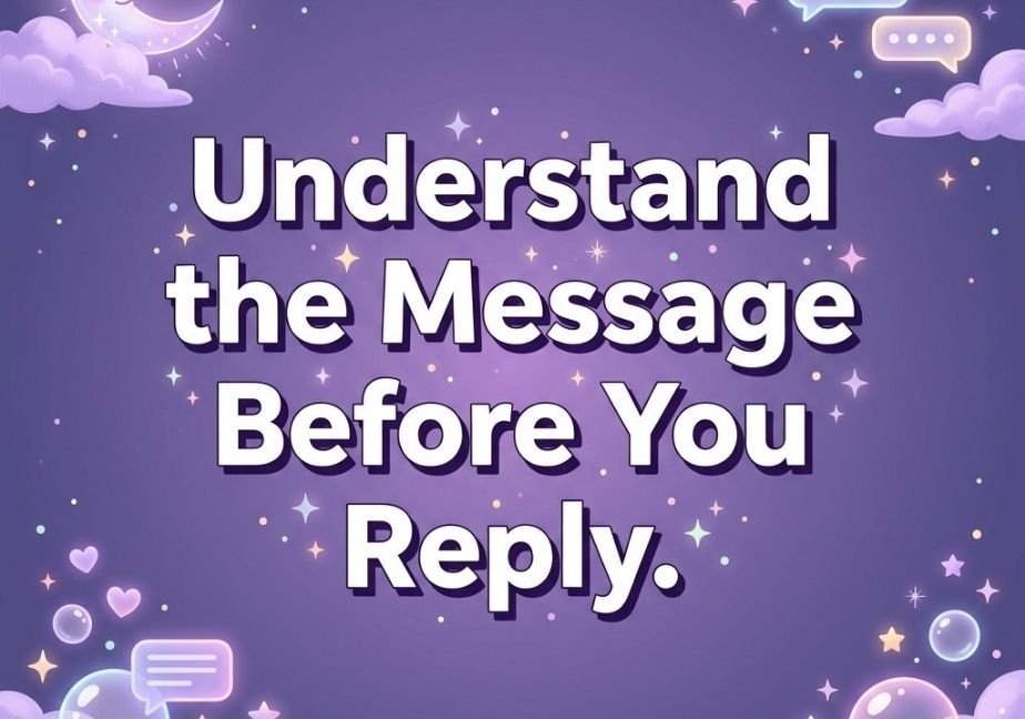 Magical lavender night-sky graphic with a crescent moon, clouds, and stars displaying the quote "Understand the Message Before You Reply."