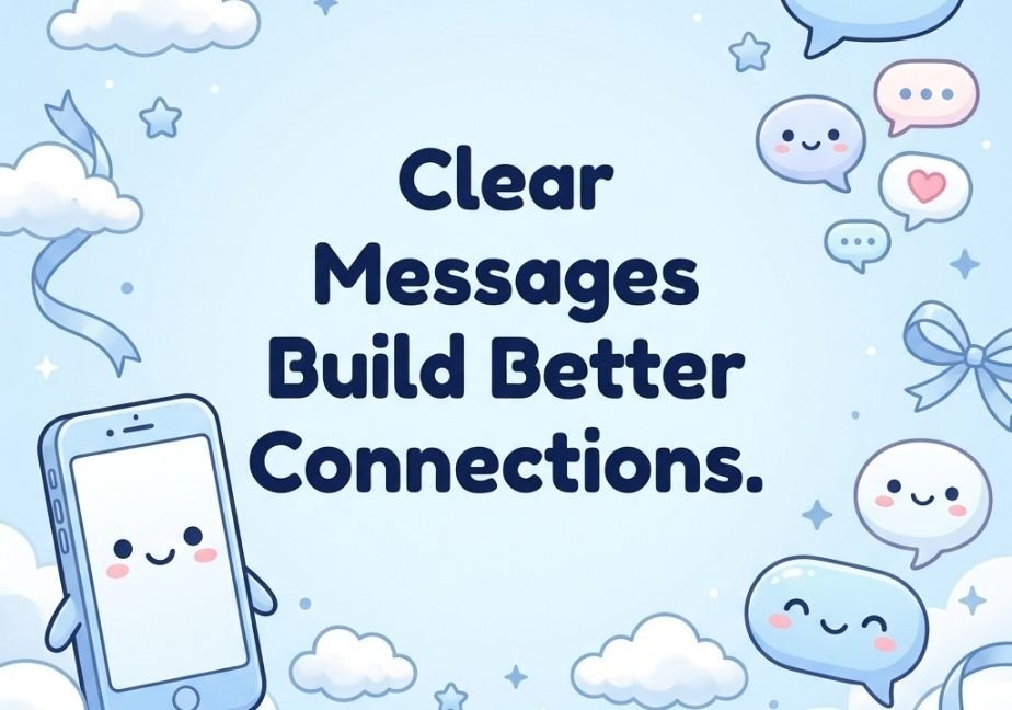 Cute baby-blue background with a friendly cartoon smartphone and smiling chat bubbles around the quote "Clear Messages Build Better Connections."