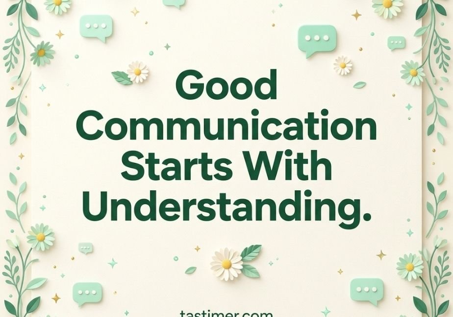 Mint-green and ivory floral graphic with daisies and chat icons showing the quote "Good Communication Starts With Understanding."