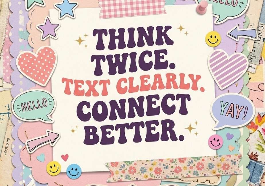 Retro scrapbook-style design with stickers, paper cutout textures, and the quote "Think Twice. Text Clearly. Connect Better."