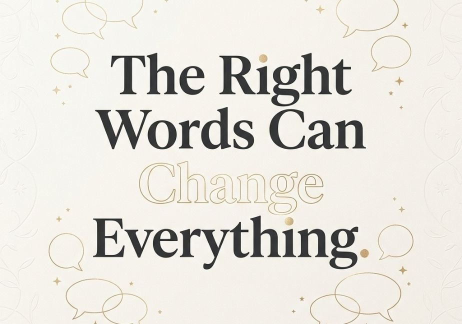 `Minimalist ivory and champagne-gold graphic with line-art speech bubbles displaying the quote "The Right Words Can ChangeHere are short, concise alt texts for each of the generated quote graphics: