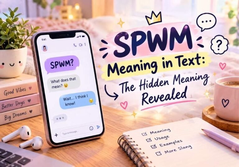 An infographic image featuring a smartphone displaying text messages with the abbreviation "SPWM?", alongside bold typography reading "SPWM Meaning in Text: The Hidden Meaning Revealed," next to a coffee mug and notebook.