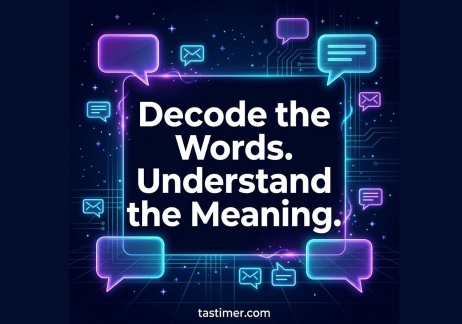 A midnight-blue digital graphic with glowing neon-violet and cyan chat bubbles and grid lines framing "Decode the Words. Understand the Meaning."