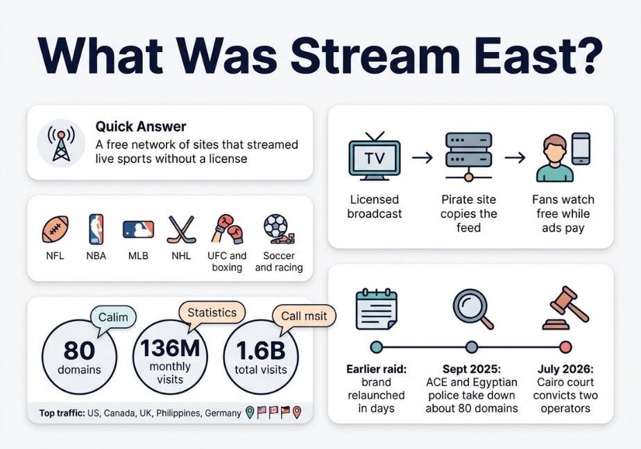 "Infographic titled 'What Was Stream East?' explaining its pirate sports streaming network, traffic stats, and 2026 legal takedown timeline."