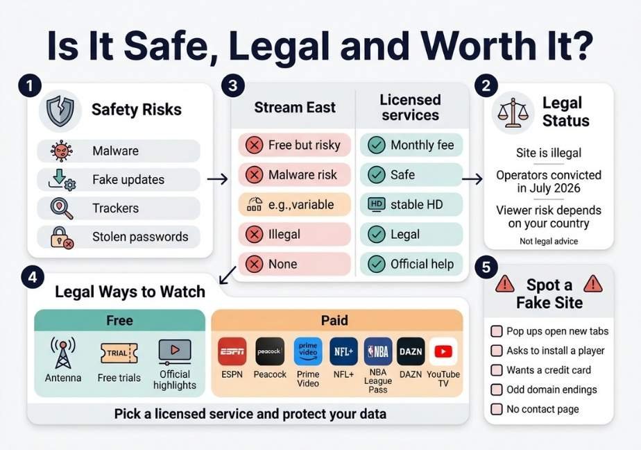 "Infographic titled 'Is It Safe, Legal and Worth It?' outlining cybersecurity risks, legal status, streaming comparisons, and safe alternatives."