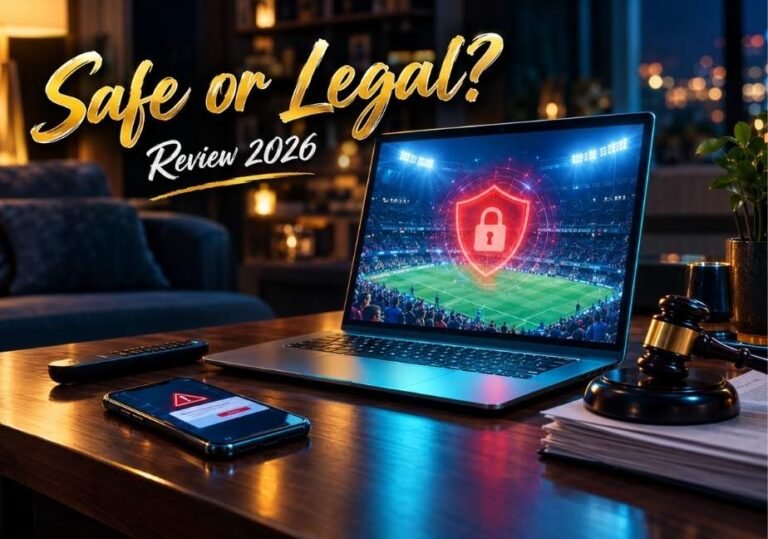 Digital illustration titled 'Safe or Legal? Review 2026' featuring a laptop showing a live sports stream with a red lock shield alongside a judge's gavel."