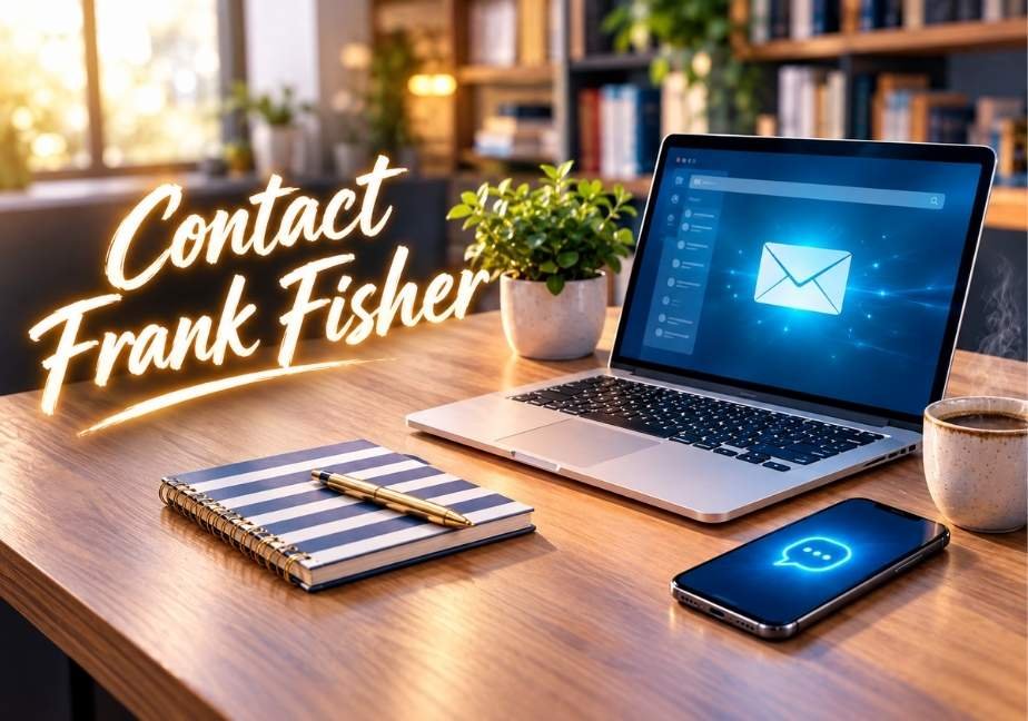 A modern wooden office desk featuring an open laptop showing an email inbox graphic, a smartphone with a messaging icon, a striped notebook, a cup of coffee, and glowing text that reads "Contact Frank Fisher"