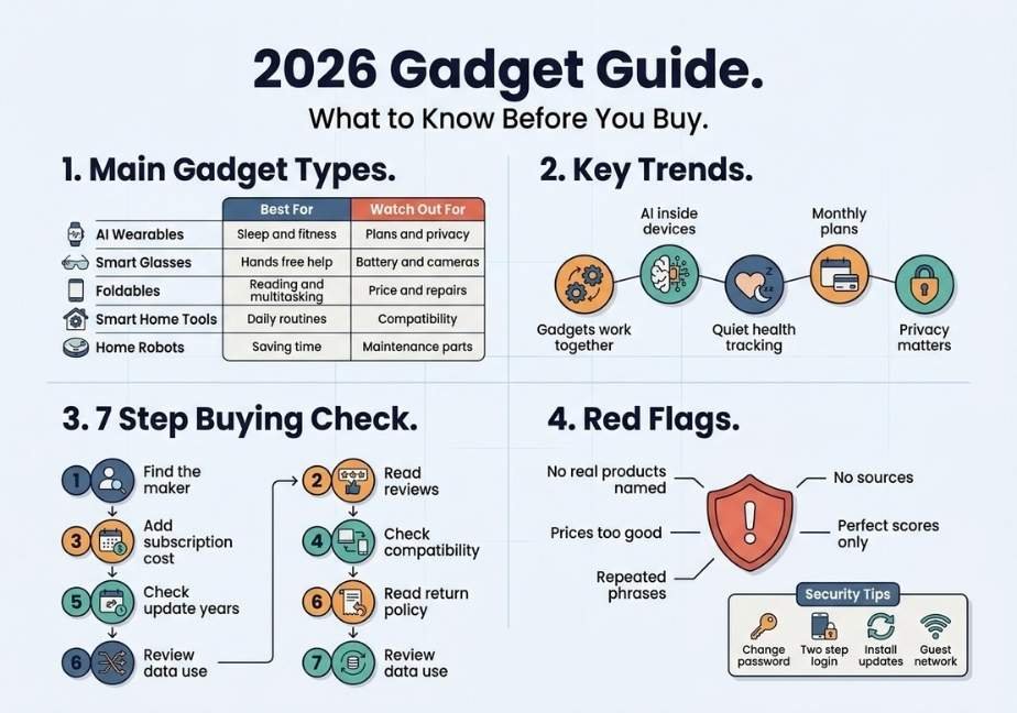 An educational infographic titled "2026 Gadget Guide: What to Know Before You Buy," outlining main gadget types, key trends, a seven-step buying checklist, red flags, and basic security tips.