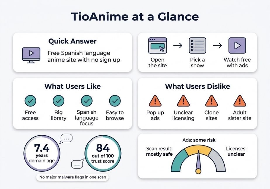 Infographic titled 'TioAnime at a Glance' breaking down website features, pros, cons, trust score, and risk assessment."