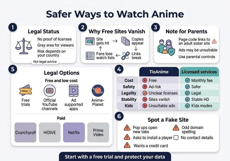 "Infographic titled 'Safer Ways to Watch Anime' detailing legal risks, parental notes, streaming site comparison, and legal platforms."
