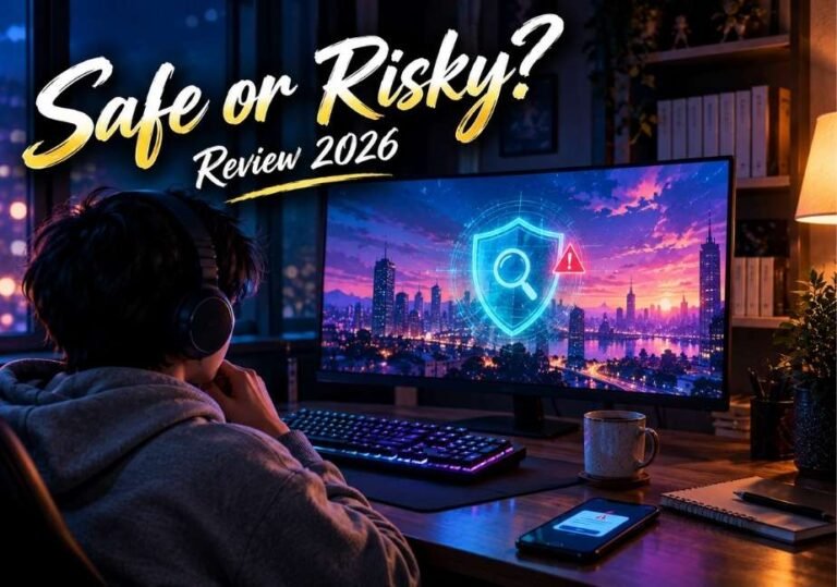 "Digital illustration titled 'Safe or Risky? Review 2026' showing a person at a desktop monitor displaying an anime skyline with a security scan shield."