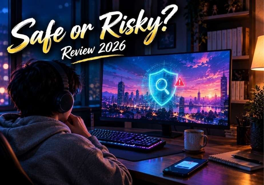 "Digital illustration titled 'Safe or Risky? Review 2026' showing a person at a desktop monitor displaying an anime skyline with a security scan shield."