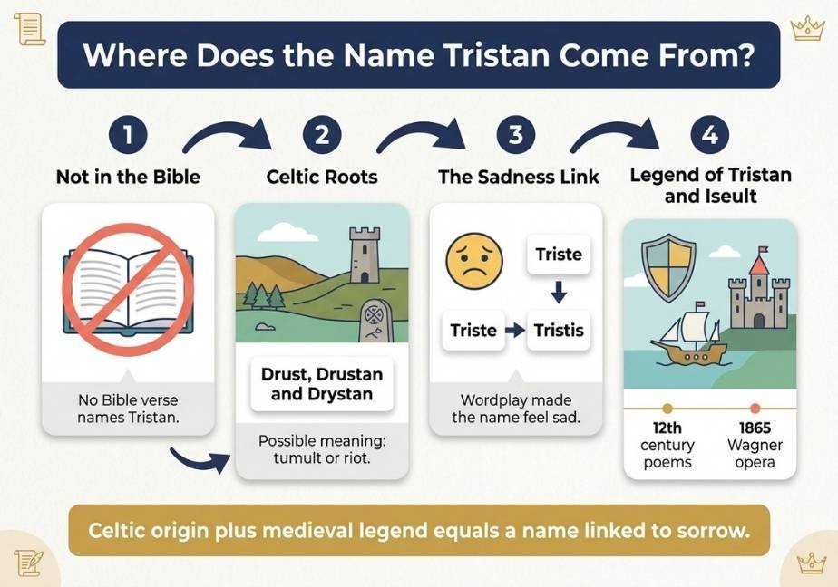 A flat design vector infographic titled “Where Does the Name Tristan Come From?” set against a light off-white background with a navy blue header.