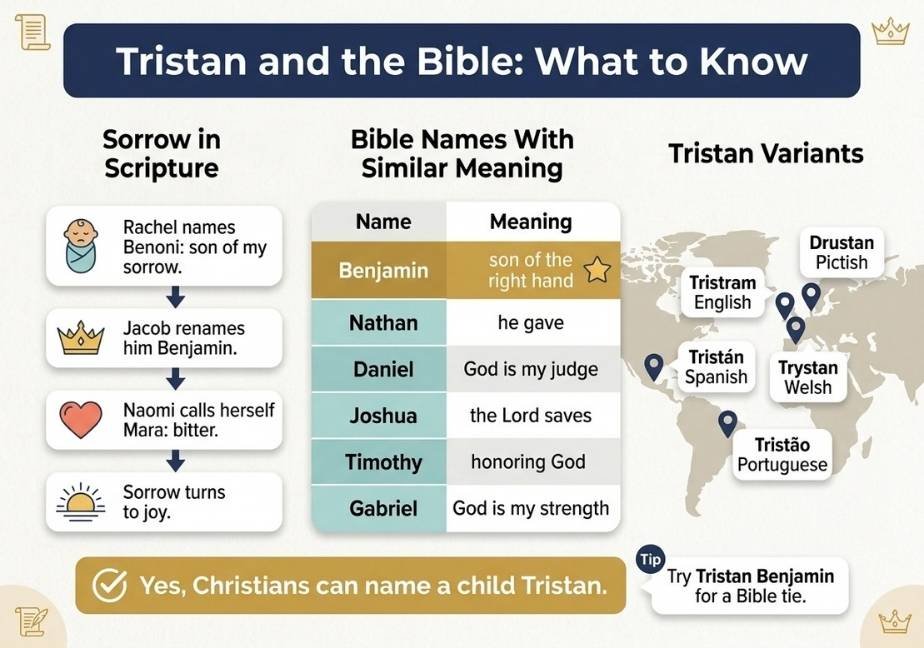 A three-column flat vector infographic titled “Tristan and the Bible: What to Know” in a dark navy header bar.