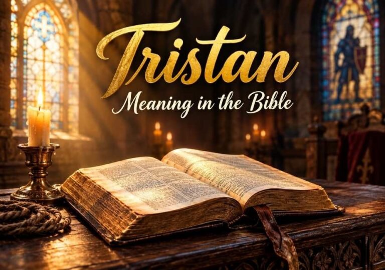 Alt Text: A warm, cinematic featured image showing an open ancient Bible resting on a rustic wooden table in a sunlit cathedral. Golden sunlight beams through stained-glass windows, illuminating the pages next to a glowing brass candlestick. Elegant golden cursive text overlaid across the top reads “Tristan: Meaning in the Bible.”
