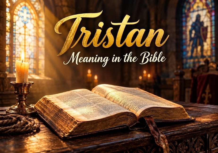 Alt Text: A warm, cinematic featured image showing an open ancient Bible resting on a rustic wooden table in a sunlit cathedral. Golden sunlight beams through stained-glass windows, illuminating the pages next to a glowing brass candlestick. Elegant golden cursive text overlaid across the top reads “Tristan: Meaning in the Bible.”